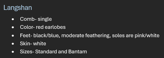 <p>Breed: Langshan</p><p>Variety: Black</p>