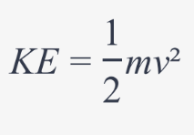<p>KE = ½ mv<sup>2</sup></p><ul><li><p>m = mass (kg)</p></li></ul><ul><li><p>v = velocity (m/s)</p></li></ul><p></p>