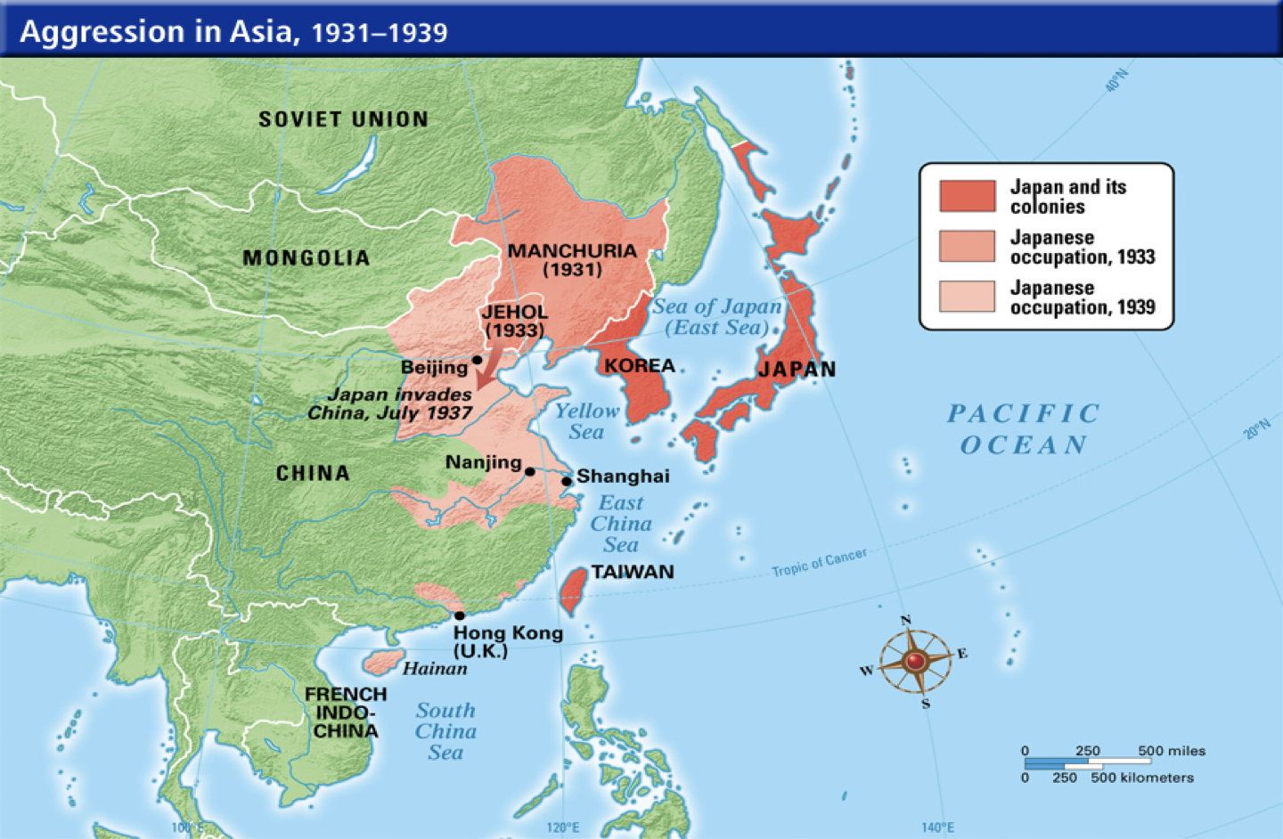 <p><strong>Nationalism, Aggression by totalitarian powers, and the Weakness of the League of Nations.</strong></p><ul><li><p>japan invades Manchuria and Shanghai. League of Nations condemns Japan but does nothing, and Japan leaves league of nations</p></li><li><p>Italian invansion of Ethiopia, League of Nations does zilch</p></li></ul><p></p>