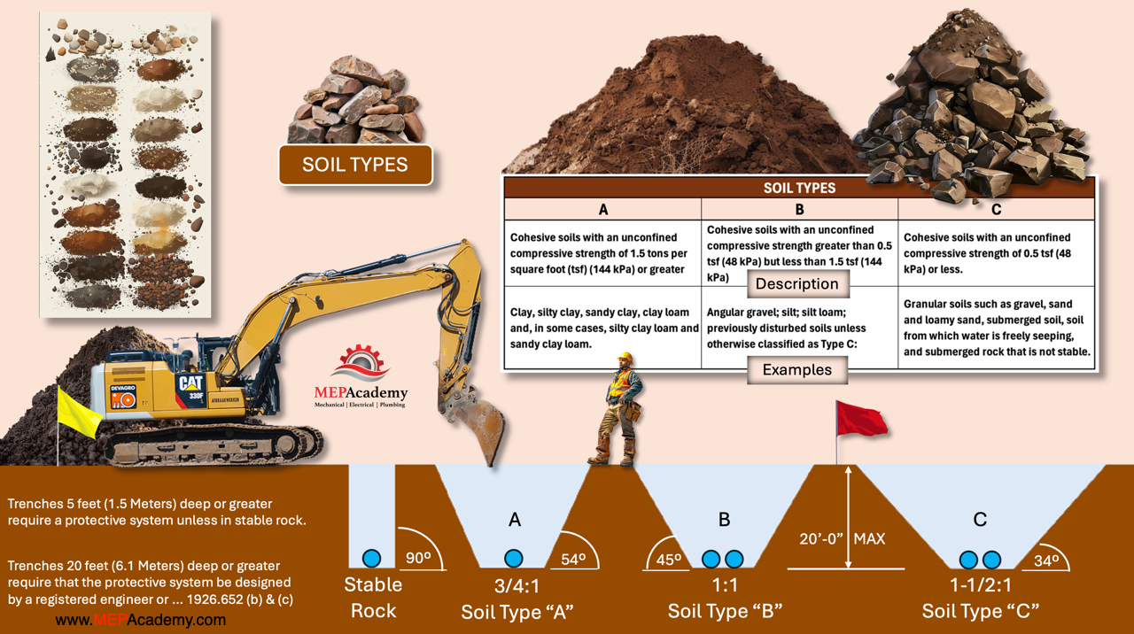 <p>Stable Rock = vertical</p><p>Type A = ¾:1 (53°)</p><p>Type B = 1:1 (45°)</p><p>Type C = 1½:1 (34°)</p>