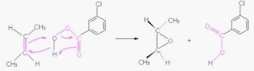 <p>Epoxidation of alkenes (racemic if chiral, because it can come from either side)</p>