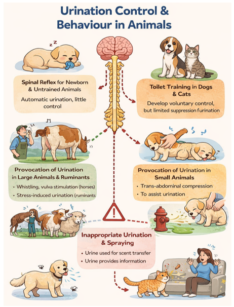 <p><span>§Newborn and untrained animals – urination is largely a spinal reflex</span></p><p><span>§Dogs and cats – toilet training means to develop voluntary control. Remember: voluntary suppression is only to a certain level.</span></p><p><span>§Provocation of urination</span></p><p style="text-align: left;"><span>Large animals - whistling, stimulation of vulva</span></p><p style="text-align: left;"><span>Ruminants - stress induced urination – very common</span></p><p style="text-align: left;"><span>Small animal – trans-abdominal compression</span></p><p style="text-align: left;"></p><p><span>§Important to recognise inappropriate urination and spraying</span></p><p><span>§Urine used for scent transfer</span></p><p><span>§Urine also a way to provide more information</span></p>