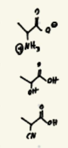 <ol><li><p>NH3 in place of bromine and negative O</p></li><li><p>OH in place of Br</p></li><li><p>CN in place of Br</p></li></ol><p></p>