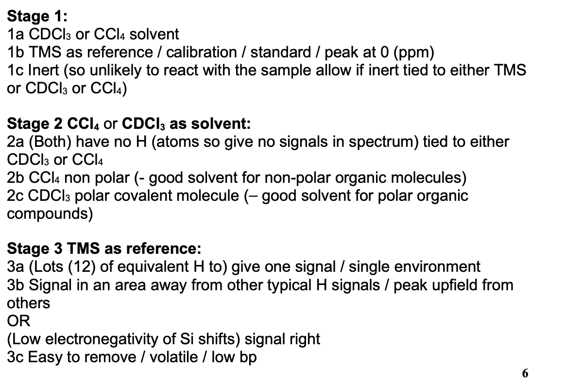 <p>Si(CH<sub>3</sub>) aka. TMS:</p><ul><li><p>TMS as reference/calibration/standard/peak at 0</p></li><li><p>inert (so unlikely to react w/ the sample)</p></li><li><p>gives one signal (as has lots of equivalent Hs)</p></li><li><p>signal in an area away from other typical H signals</p></li><li><p>easy to remove/volatile/low bpt</p></li></ul><p></p>