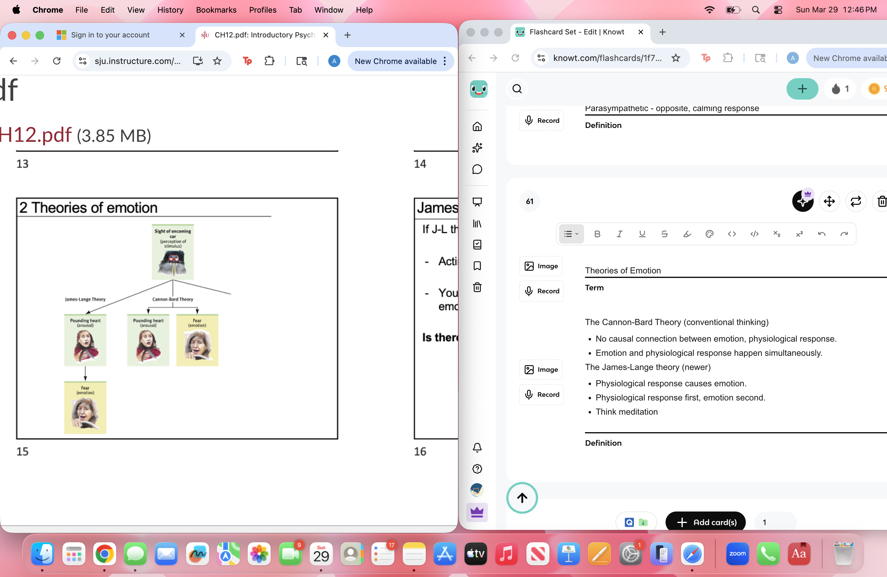 <p>The Cannon-Bard Theory (conventional thinking)</p><ul><li><p>No causal connection between emotion, physiological response.</p></li><li><p>Emotion and physiological response happen simultaneously.</p></li></ul><p>The James-Lange theory (newer)</p><ul><li><p>Physiological response causes emotion.</p></li><li><p>Physiological response first, emotion second.</p></li><li><p>Think meditation</p></li></ul><p></p>