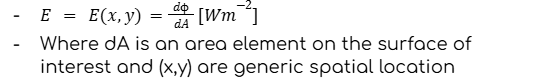 <p><span style="background-color: transparent;">This concept is given the term irradiance (E) and is defined as</span></p>