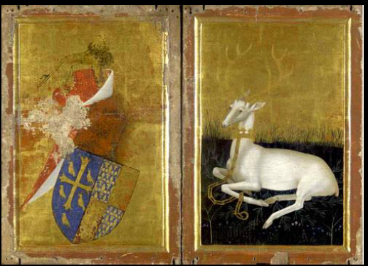 <p><strong>Wiltonský diptych </strong></p><p>1395</p><p><em>Edmund mučedník, Edward Vyznavač, Jan Křtitel a Richard II. </em></p>
