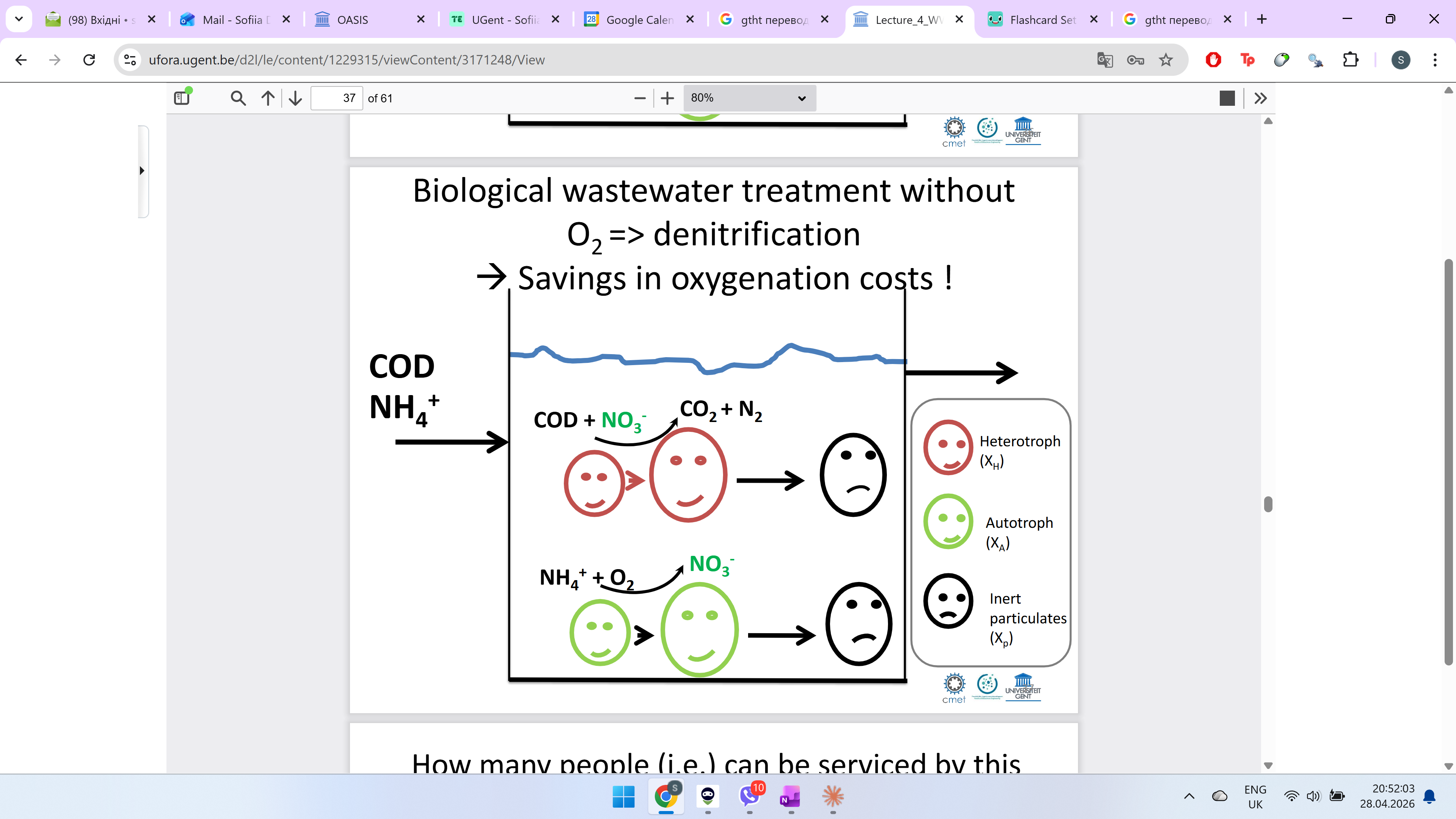 <p>- denitrification</p><p>Savings in oxygenation costs</p><p><strong>Heterotrophs</strong> eat organic matter (COD) using O₂ or nitrate as substitute. <strong>Autotrophs</strong> eat inorganic ammonium (NH₄⁺) always requiring O₂ to produce nitrate.</p>