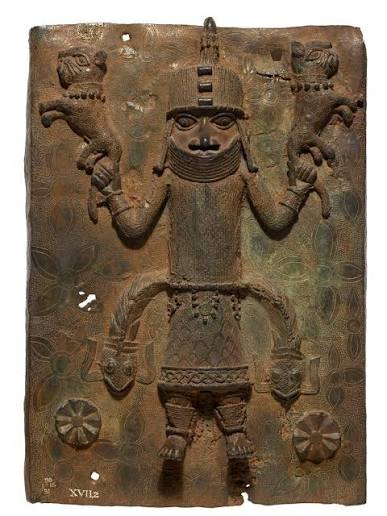 <p>oba/king as a strong men holding mudship to show kin w/ water and leopards to show ruler of nature </p><p>used these to decorate their palaces - show pride </p><p>art for politics </p>