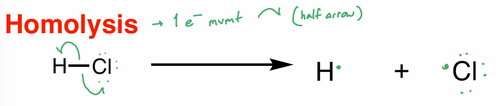 <p>1 e<sup>-</sup> movement</p><ul><li><p>half arrow</p></li></ul><p></p>