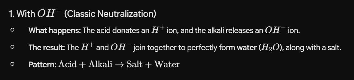 <ul><li><p>Occurs between acid and base (MOST usually metal base)</p></li></ul><p>acid + metal oxide = salt + water</p><p>acid + metal hydroxide = salt + water</p><p>acid + metal carbonate = salt + water + carbon dioxide gas</p><p>acid + metal hydrogen carbonate = salt + water + carbon dioxide gas</p><p>IS A DOUBLE DISPLACEMENT REACTION</p>