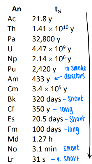 <p>As we get heavier the half lives get shorter.</p><p>An up down pattern of stability can be seen, this is due to the stable number of nuclei.</p>