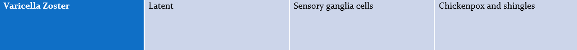 <p>Latent</p><p>affects- sensory ganglia cells</p><p>causes- chickenpox and shingles</p>