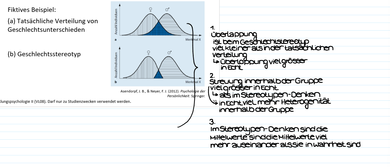 <ul><li><p><span>Elemente des Geschlechtsstereotyps sind selten völlig falsch</span></p></li><li><p><span>Aber sie sind in der Regel übertrieben und unzulässig verallgemeinert</span></p></li><li><p><span>Ausserdem schränken sie Individuum in ihrem Verhalten ein</span></p></li></ul><p></p>