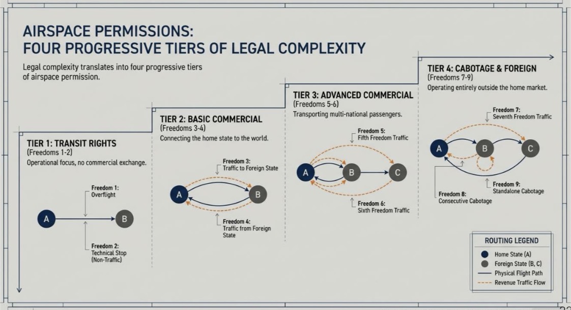 <ul><li><p>Tier 1: Transit rights (Freedoms 1-2)</p></li><li><p>Tier 2: Basic commercial (Freedoms 3-4)</p></li><li><p>Tier 3: Advanced commercial (Freedom 5-6)</p></li><li><p>Tier 4: Cabotage & foreign (Freedom 7-9)</p></li></ul><p></p>