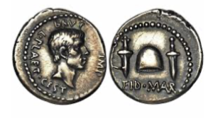 <p>Depicts Marcus Junius Brutus and knives and a freedman’s cap in order to symbolize his assassination of Caesar</p>