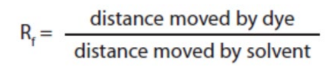 <p>Rf = distance moved by dye / distance moved by solvent</p>