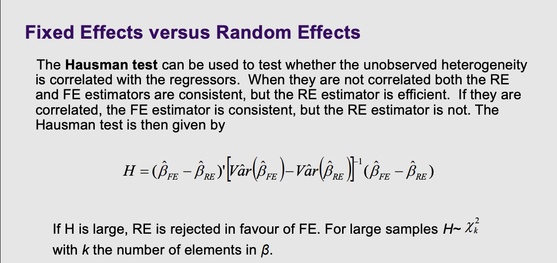 <ul><li><p><span><strong>What it is:</strong> How do you know if you should use Fixed Effects or Random Effects? </span><span style="line-height: 1.15;">You ask the referee: <strong>The Hausman test</strong></span><span>.</span></p><p></p></li><li><p><strong>How it works:</strong> The computer runs both models and compares the answers.</p><ul><li><p><span style="line-height: 1.15;">If the hidden quirks are <em>not</em> correlated with your data, both models will give you roughly the same answer (but RE is preferred because it's more efficient)</span><span>.</span></p><p></p></li><li><p><span>If the hidden quirks <em>are</em> secretly contaminating your data, the RE model will fail, and the two answers will look drastically different. </span><span style="line-height: 1.15;">If the difference ($H$) is large, you reject Random Effects and are forced to use Fixed Effects </span><span>.</span></p></li></ul></li></ul><p></p>