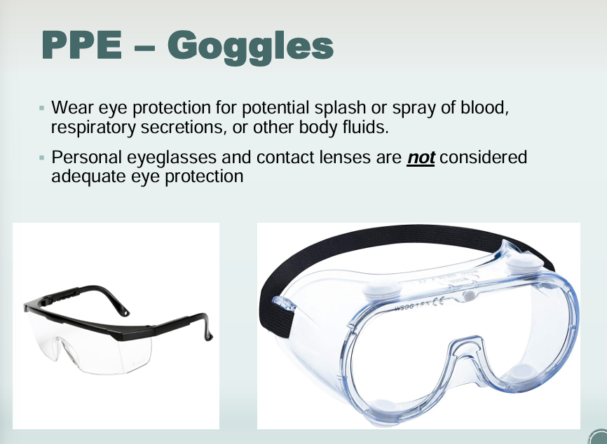 <p>Goggles</p><ul><li><p>Wear eye protection for potential for splash or spray of blood, respiratory secretions or other body fluids</p></li></ul><p></p>