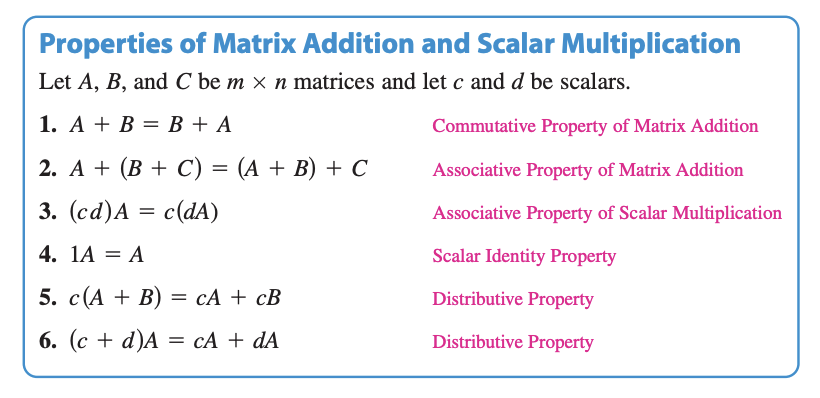 <p>The properties of matrix addition and scalar multiplication are similar to those of addition and multiplication of real numbers.</p><p></p><p>Note that the<strong><em><u> Associative Property of Matrix Addition</u></em></strong> allows you to write expressions such as A+B+C  <strong><u>without ambiguity</u></strong> because the same sum occurs no matter how the matrices are grouped. This same reasoning applies to sums of four or more matrices.</p>