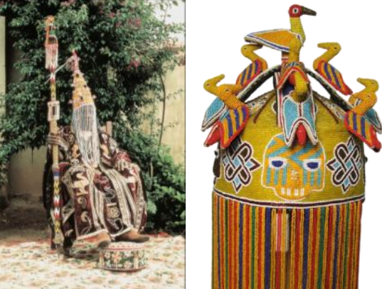 <ul><li><p>beaded veil coming down from the crown</p><ul><li><p>hides the features of the oba, protects him from spiritual attacks and from the gaze of people</p></li><li><p>covered in regalia</p></li><li><p>beadwork is a mark of power</p><ul><li><p>the amount, the cost, the time, etc.</p></li></ul></li><li><p>bird symbolism on the crown (creature that can be in sky and ground, representing heavens and earth, the crossroads)</p></li><li><p>oba relies on ancestors and ogboni society</p></li></ul></li><li><p>ashe (life force)</p></li><li><p>Oba (king or ruler)</p></li><li><p>Ogboni (secret society with mystical and political power)</p></li></ul><p></p>
