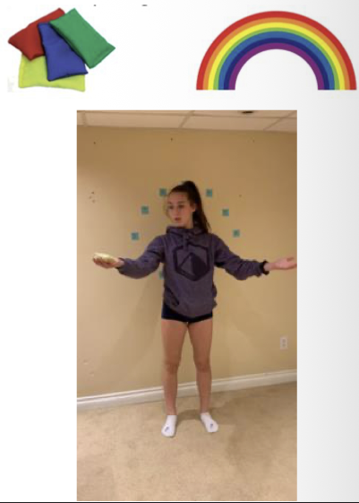 <ul><li><p><span>Keep head still and eyes on the bean bag</span></p></li><li><p class="p1"><span>Lightly throw the bean bag from one hand to the other in the shape of a rainbow</span></p></li><li><p class="p1"><span>Your eyes should follow the path of the bean bag</span></p></li><li><p class="p1"><span>To make it harder: Move head and eyes together to follow bean bag</span></p></li></ul><p></p>