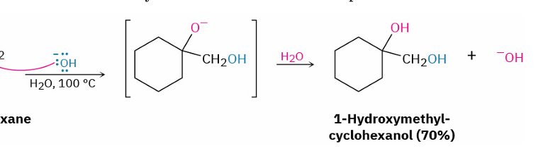 <ul><li><p><strong>base</strong> e.g. NaOH and H<sub>2</sub>O</p></li><li><p>also be done by RMgX , (RNH<sub>2</sub> or R<sub>2</sub>NH)</p></li><li><p>adds 2 OH unless with nucleophile</p></li></ul><ul><li><p>nucleophile attacks less hindered site</p></li><li><p>OH on more substituted C</p></li></ul><p></p>