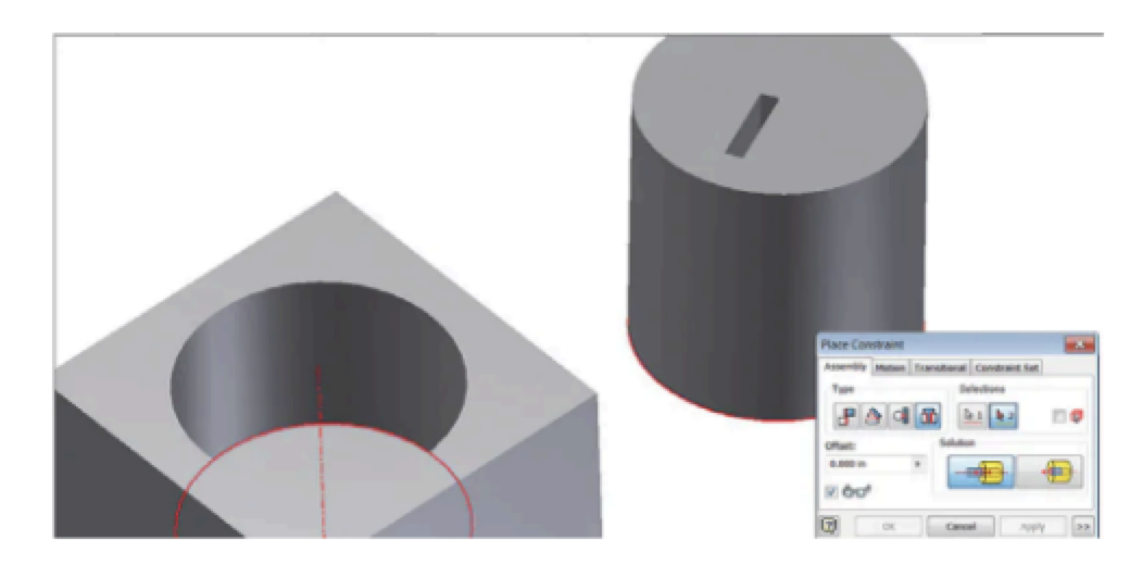 <p>To align the center of the cylinder with the center of the hole AND its edge, what type of constraint</p><p>should be used?</p>