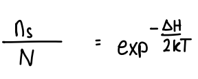 <p>Where n<sub>s</sub> = Schottky defects (can also be n<sub>f</sub> as Frenkel defects), and N = number of cation and anion sites per unit volume. ΔH<sub>s</sub> is the Schottky enthalpy of formation.</p>