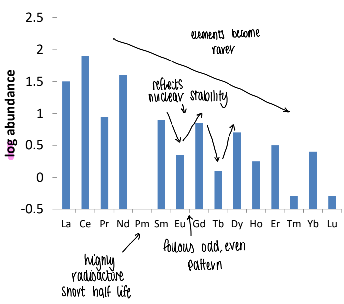 <ul><li><p>The high, low pattern reflects the alternating nuclear stability.</p></li><li><p>Pm has a very low abundance due to the very short half life.</p></li><li><p>Generally they get rarer across the period.</p></li></ul><p></p>