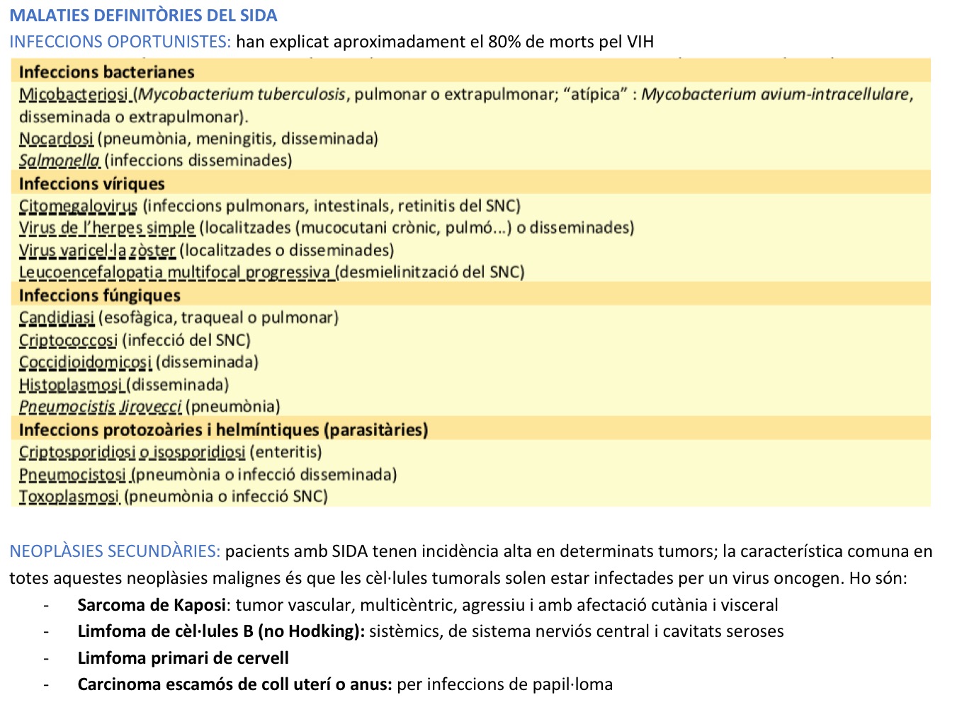 <p>EVOLUCIÓ DE LA INFECCIÓ. Trobem que hi ha tres fases.</p><p>1. Síndrome retrovíric agut: just quan hi ha l’acció contra el virus VIH. És una fase caracteritzada per:</p><p>      a. Infecció primària de cèl·lules en sang i mucoses (de LTCD4+ i cèl·lules dendrítiques)</p><p>      b. Disseminació generalitzada als teixits limfoides perifèrics. Exemple: ganglis limfàtics i melsa</p><p>      c. Alts nivells de producció vírica i virèmia: disseminació de la infecció per tot l’organisme</p><p>      d. Habitualment amb lleu leucopènia i disminució dels CD4.</p><p>2. Fase de latència: convivència del virus i del sistema immunitari. Fins aquí hi ha infecció de VIH, no hi ha símptomes. És una infecció crònica o asimptomàtica. La serologia dona positiva. És una fase caracteritzada per:</p><p>      a. Sistema immunitari segueix sent competent per tractar la majoria d’infeccions</p><p>      b. Poques o nul·les manifestacions clíniques de la infecció per VIH</p><p>      c. Replicació continuada del VIH</p><p>      d. Elevat risc de transmissió</p><p>      e. Després d’un període prolongat i variable comença a disminuir la xifra de LT CD4+, augmenta la proporció de CD+ supervivents infectats per VIH, reducció de les defenses de l’hoste à inici de descompensació de sistema immunitària + inici fase de florit.</p><p>3. Fase agressiva (SIDA): hi ha una depleció de LTh CD4+ i és el que s’anomena SIDA. Es caracteritza per:</p><p>       a. Destrucció molt greu de les defenses de l’hoste, augmenta la virèmia i la malaltia clínica</p><p>       b. Després d’un interval variable: presència de malalties definitòries del SIDA caracteritzada per: infeccions oportunistes greus, neoplàsies secundàries i /o manifestacions neurològiques.</p>
