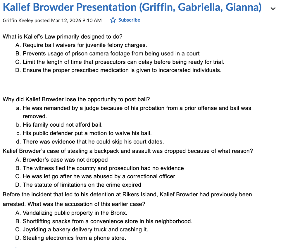 <p><span data-name="check_mark_button" data-type="emoji">✅</span> <strong>Closest option: “The witness fled / prosecution had no evidence.”</strong><br><strong>Options:</strong></p><ul><li><p>A) Case was not dropped <span data-name="cross_mark" data-type="emoji">❌</span></p></li><li><p><span data-name="check_mark_button" data-type="emoji">✅</span> B) Witness unavailable / prosecution lacked evidence <span data-name="check_mark_button" data-type="emoji">✅</span> (closest match)</p></li><li><p>C) Let go after abuse by correctional officer <span data-name="cross_mark" data-type="emoji">❌</span></p></li><li><p>D) Statute of limitations expired <span data-name="cross_mark" data-type="emoji">❌</span><br><strong>Why:</strong> The charges were dropped after years of delay due to <strong>lack of evidence / inability to proceed</strong> (often described as witness/complainant issues).</p></li></ul><p>Kalief Browder's case was dropped due to the unavailability of a witness and the prosecution's inability to present sufficient evidence. </p><p></p>