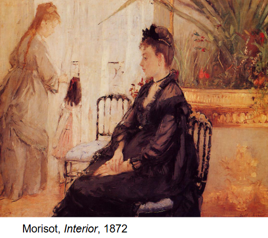 <p><strong>Identification:</strong></p><ul><li><p>Artist: Morisot</p></li><li><p>Title: <em>Interior</em></p></li><li><p>Date: 1872</p></li><li><p>Movement: Impressionism</p></li></ul><p><strong>Historical Context:</strong></p><ul><li><p>Morisot was part of the Impressionist group and one of the few prominent female artists of the time.</p></li><li><p>As a woman, she was often limited to painting <strong>domestic and interior spaces</strong>, rather than public scenes like cafés.</p></li><li><p>Her work reflects the experiences and restrictions placed on upper-class women in 19th-century society.</p></li></ul><p><strong>Style:</strong></p><ul><li><p>Light, loose brushwork with attention to <strong>fabric, texture, and light</strong>, especially whites and sheer materials.</p></li><li><p>Soft use of color and light creates an atmospheric, intimate scene.</p></li><li><p>The composition emphasizes the interior space while still hinting at the outside world through windows and light.</p></li></ul><p><strong>Themes:</strong></p><ul><li><p>The painting focuses on <strong>women in domestic space</strong>, particularly upper-class women.</p></li><li><p>There is a strong sense of <strong>boundaries between inside and outside</strong>, with figures looking out but remaining confined.</p></li><li><p>The woman’s downcast gaze creates <strong>emotional ambiguity</strong>, making it unclear if she is reflective, bored, or constrained.</p></li><li><p>The work suggests <strong>confinement and limitation</strong>, as women are positioned within the home but aware of the world beyond it.</p></li><li><p>It reflects a specifically <strong>female perspective</strong>, capturing everyday moments and inner emotional states rather than public action.</p></li></ul><p></p>