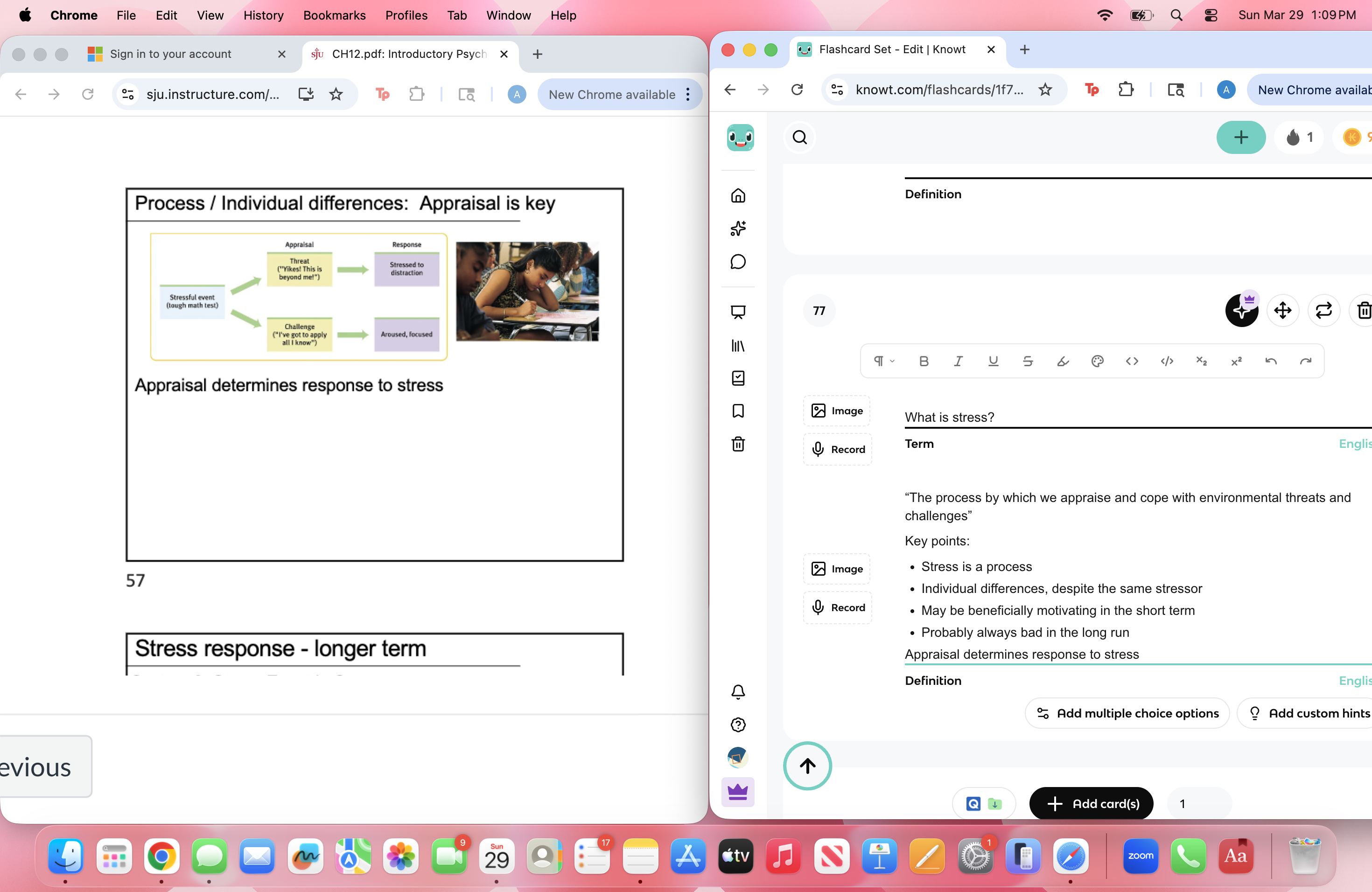 <p>“The process by which we appraise and cope with environmental threats and challenges”</p><p>Key points:</p><ul><li><p>Stress is a process</p></li><li><p>Individual differences, despite the same stressor</p></li><li><p>May be beneficially motivating in the short term</p></li><li><p>Probably always bad in the long run</p></li></ul><p>Appraisal determines response to stress</p>