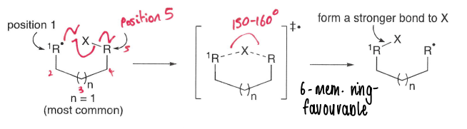 <p>1,5 are most common, in which a radical at position 1 reacts with a group at position 5, forming a stronger bond.</p><ul><li><p>A ring intermediate is formed.</p></li></ul><p></p>