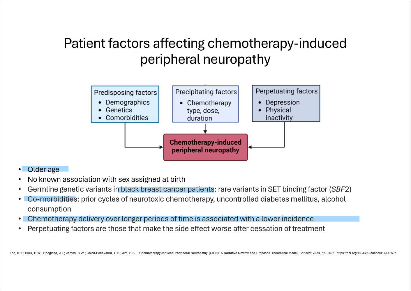<p>Name two patient factors increasing CIPN risk.</p>