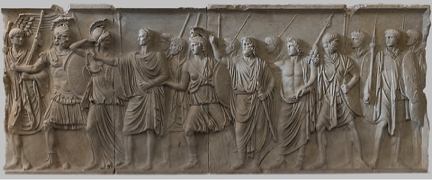 <p>Cancelleria Reliefs (AD 83-95, reworked under Nerva, Rome, 2 incomplete marble bas-reliefs, emblematic of high classical style of Roman historical reliefs, delicate drapery, dynamic poses &amp; proportions, cf. Arch of Constantine, Decursio reliefs)</p>