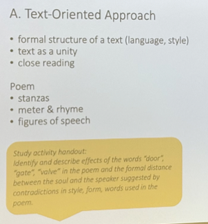 <p>Literary text only:</p><p>How well does the text establish itself as a unity?</p><p>Formal structure of a text, close reading</p><p></p><p>Example: Philology, formalism & structuralism</p>