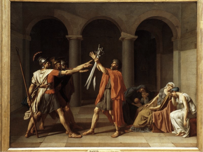 <p>Jacques-Louis David. Oath of the Horatii. Oil on canvas. French neoclassicism</p>