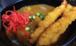 <p><span>Curry, 3pc fried shrimp, steamed rice, beni shoga,</span><br><span>with small udon broth</span></p>