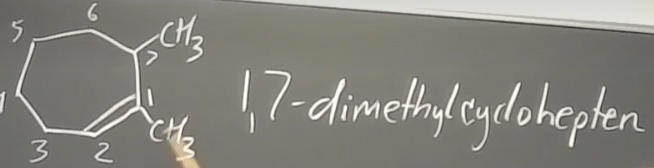 <p>dobbelbinding er altid 1 eller 2. substituenter på dobbeltbindingen bestemmer om nummeringen er mod eller med uret. skal have cyclo med ligesom på cykliske alkaner</p>