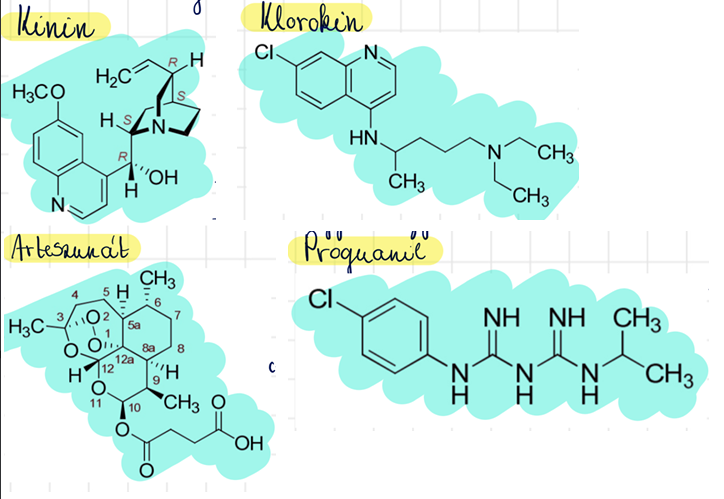 <p>kinin <br>klorokin (Delagil) <br>proguanil <br>arteszunát</p>