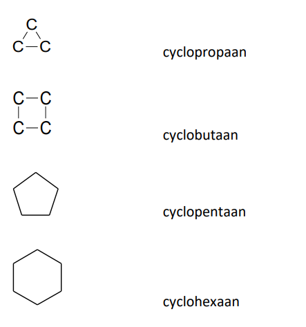 <ul><li><p>cyclopropaan</p></li><li><p>cyclobutaan</p></li><li><p>cyclopentaan</p></li><li><p>cyclohexaan</p></li></ul><p></p>