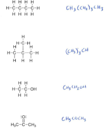 <ol><li><p>All atoms are drawn, no bond lines</p></li><li><p>Atoms drawn next to atom in which they are bonded</p></li><li><p>() used around similar groups bonded to same atom</p></li></ol><p></p>