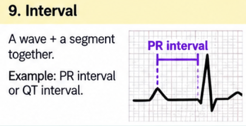 <p>A wave + a segment measured together.</p><p>Example: PR interval = P wave + PR segment.</p>