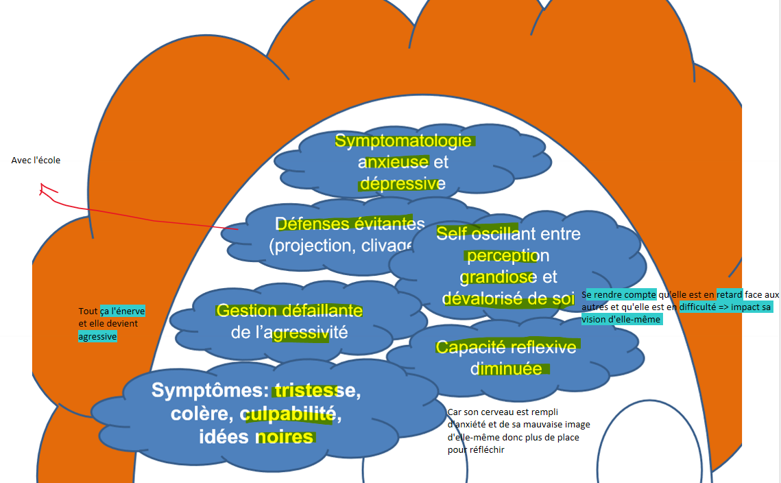 <p>situation qui empire et facteur maintien de la situation: déclage avec autre => perte confiance soi, sent moins capable faire chose et remet chose quest, symptôme neg apparait renforcant défense évitante et stress accumulé qui laisse pas assez place réflexion et aug déclage autre, difficulté concentrer</p><p>début crise en angoisse causé école donc peur recommence plus envie aller, peur jugement pair: rappeler elle comme meuf échec fait crise Plus si pas aller à l'école durant 2 mois alors si r<span style="background-color: rgb(51, 204, 204);">evient pleins de question</span>s et donc nous <span style="background-color: rgb(51, 204, 204);">inquiête etc</span></p>