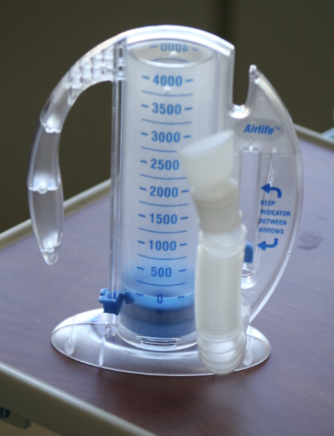 <p>provides visual cues to patient when desired inspiratory volume of flow is reached, proved to be effective in high risk patients, you inhale into it, mimics a sigh</p>