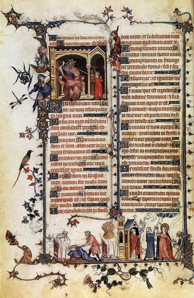 <p>Late gothic</p><p></p><p>Ink, tempera, and gold leaf on on vellum</p><p></p><p>Jean Pucelle. Places figures inside three dimensional architectural spaces. Merges sacred text with worldly observation.</p>