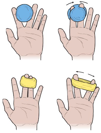 <ol start="7"><li><p><strong>Fingers only (Flexor muscles)</strong></p></li></ol><ul><li><p>Lay putty on fingers & squeeze w/ fingertip only. Keep palm flat and open</p></li><li><p>10 reps</p></li></ul><p></p><ol start="8"><li><p><strong>Finger scissors (adductor muscles)</strong></p></li></ol><ul><li><p>Place putty ball between 2 fingers, squeeze fingers together in scissor motion. Repeat for each pair of fingers</p></li><li><p>3 reps</p></li></ul><p></p><ol start="9"><li><p><strong>Finger splits (Abductor muscles)</strong></p></li></ol><ul><li><p>Wrap putty around fingers while closed together. Pull apart quickly. Repeat.</p></li><li><p>3 reps </p></li></ul><p></p>