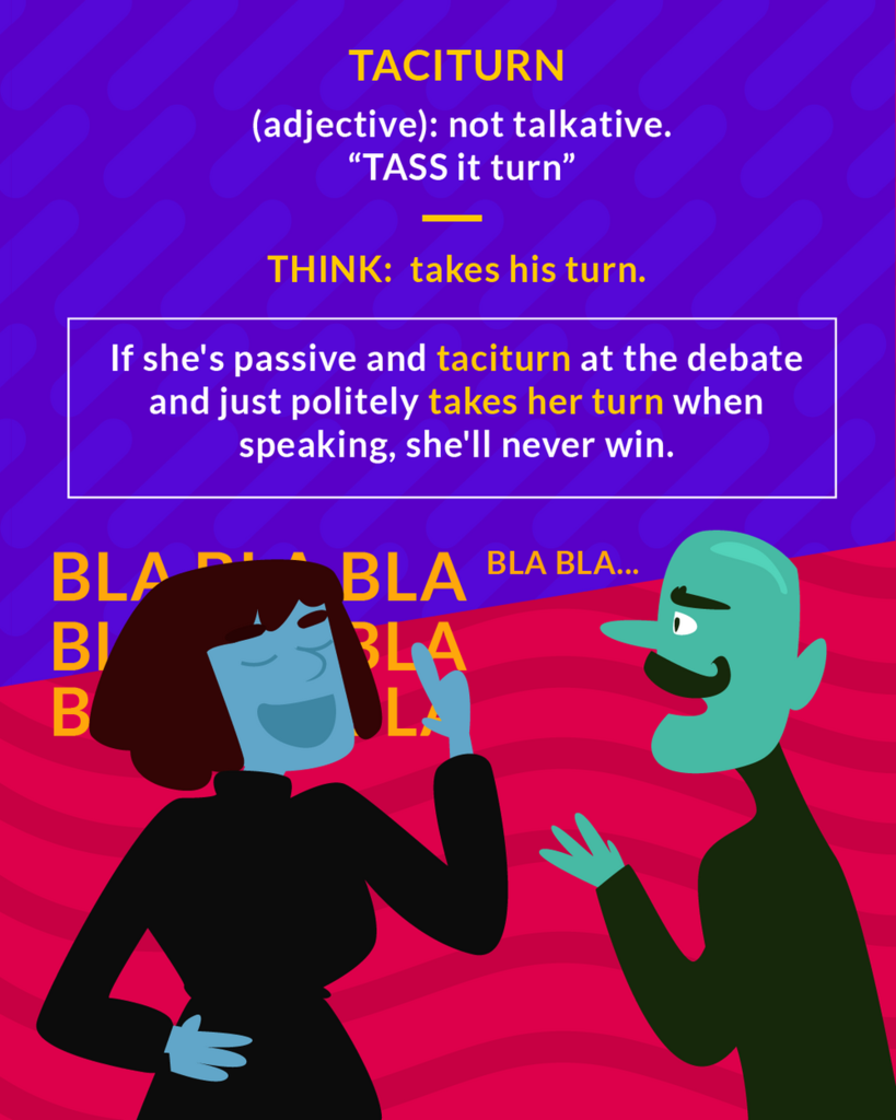<p>(adj.) habitually silent or quiet, inclined to talk very little</p><p>(adj.) not talkative</p>